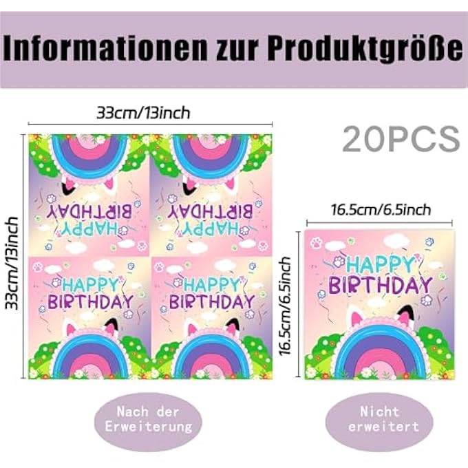 PACK OF 20 CARTOON CAT NAPKINS BIRTHDAY, 33 X 33 CM, HAPPY BIRTHDAY NAPKINS, RAINBOW, NAPKINS BIRTHDAY GIRL BOY, FOR BABY SHOWER DECORATION PAPER NAPKINS, CHILDREN'S BIRTHDAY DECORATION - Image 3